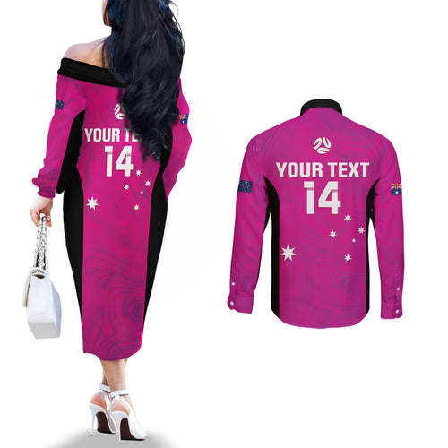 Custom Australia Soccer Couples Matching Off The Shoulder Long Sleeve Dress and Long Sleeve Button Shirt Matildas Go Champions - Pink