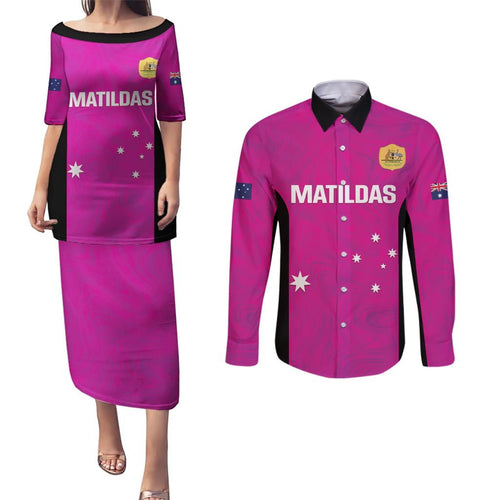Custom Australia Soccer Couples Matching Puletasi and Long Sleeve Button Shirt Matildas Go Champions - Pink