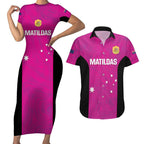 Custom Australia Soccer Couples Matching Short Sleeve Bodycon Dress and Hawaiian Shirt Matildas Go Champions - Pink
