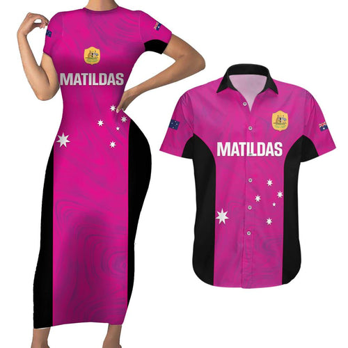 Custom Australia Soccer Couples Matching Short Sleeve Bodycon Dress and Hawaiian Shirt Matildas Go Champions - Pink