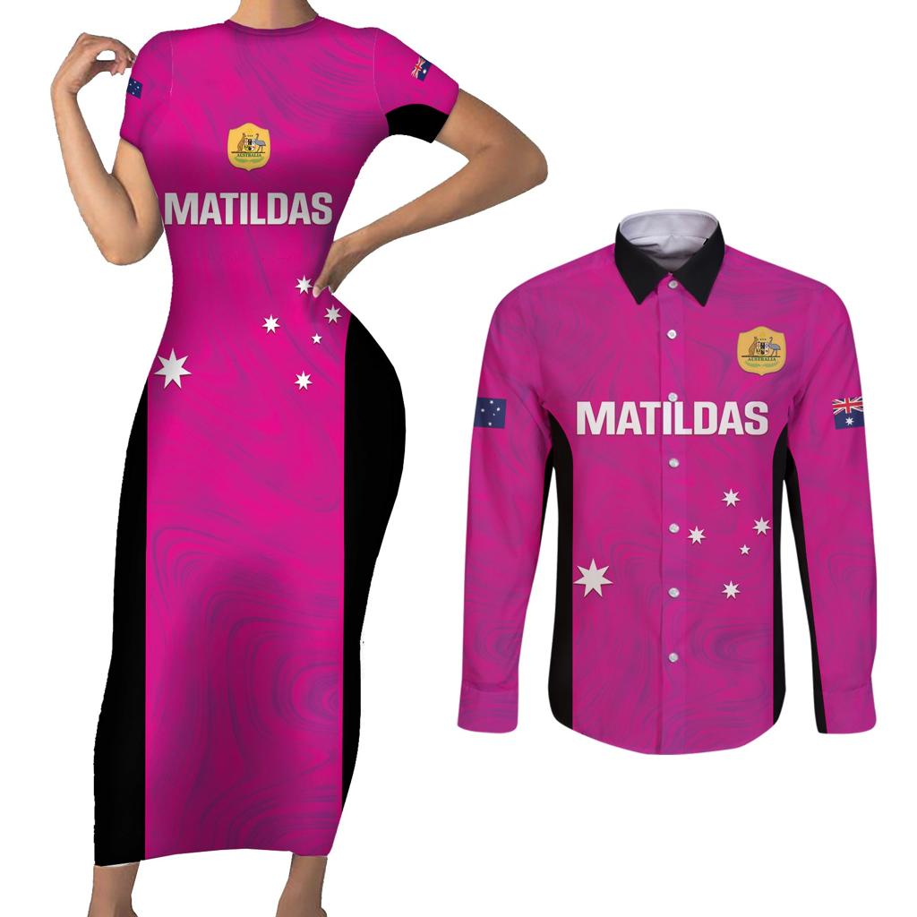 Custom Australia Soccer Couples Matching Short Sleeve Bodycon Dress and Long Sleeve Button Shirt Matildas Go Champions - Pink
