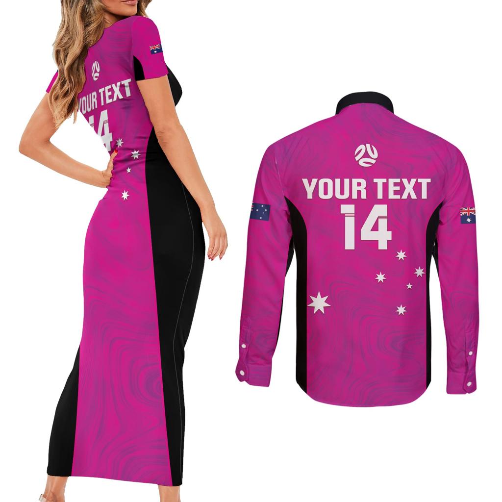 Custom Australia Soccer Couples Matching Short Sleeve Bodycon Dress and Long Sleeve Button Shirt Matildas Go Champions - Pink