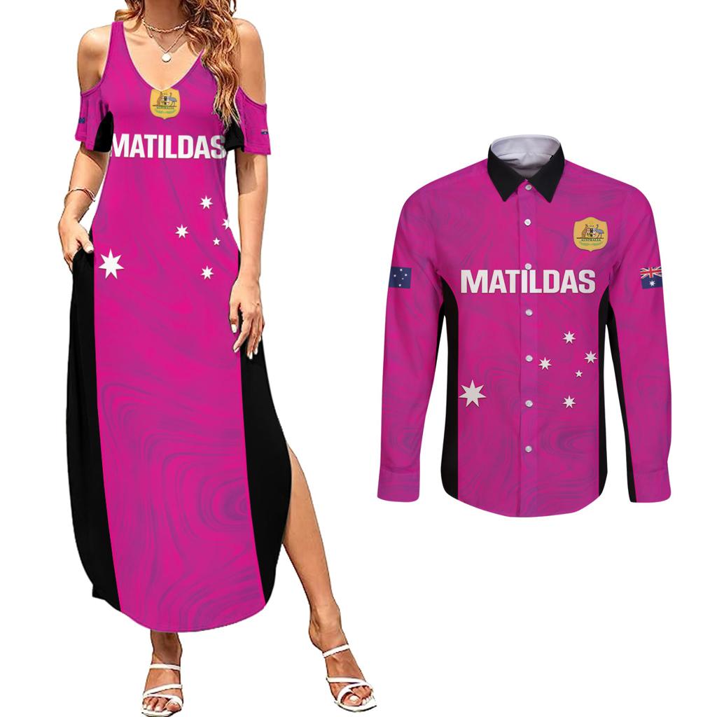 Custom Australia Soccer Couples Matching Summer Maxi Dress and Long Sleeve Button Shirt Matildas Go Champions - Pink