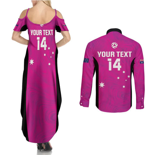 Custom Australia Soccer Couples Matching Summer Maxi Dress and Long Sleeve Button Shirt Matildas Go Champions - Pink