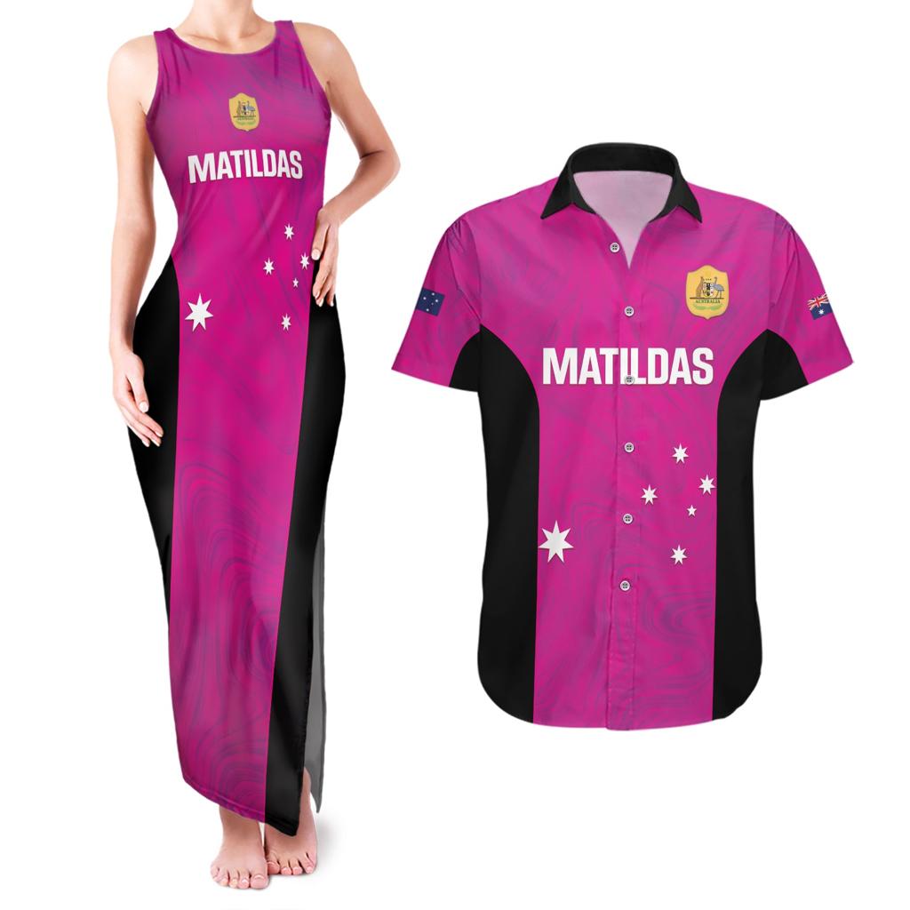 Custom Australia Soccer Couples Matching Tank Maxi Dress and Hawaiian Shirt Matildas Go Champions - Pink