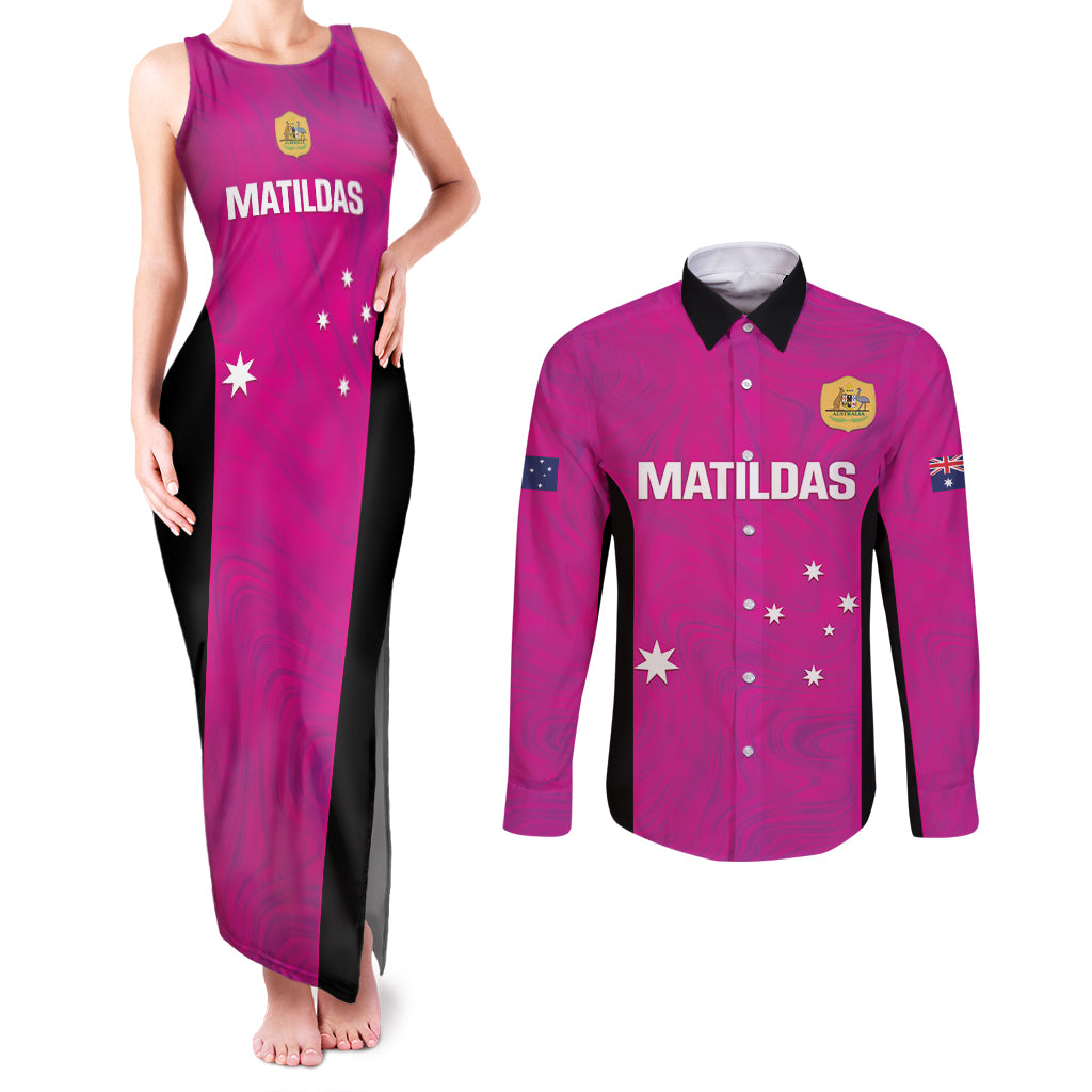 Custom Australia Soccer Couples Matching Tank Maxi Dress and Long Sleeve Button Shirt Matildas Go Champions - Pink