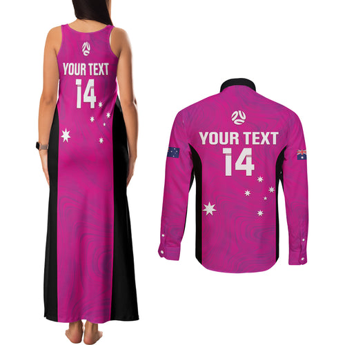 Custom Australia Soccer Couples Matching Tank Maxi Dress and Long Sleeve Button Shirt Matildas Go Champions - Pink