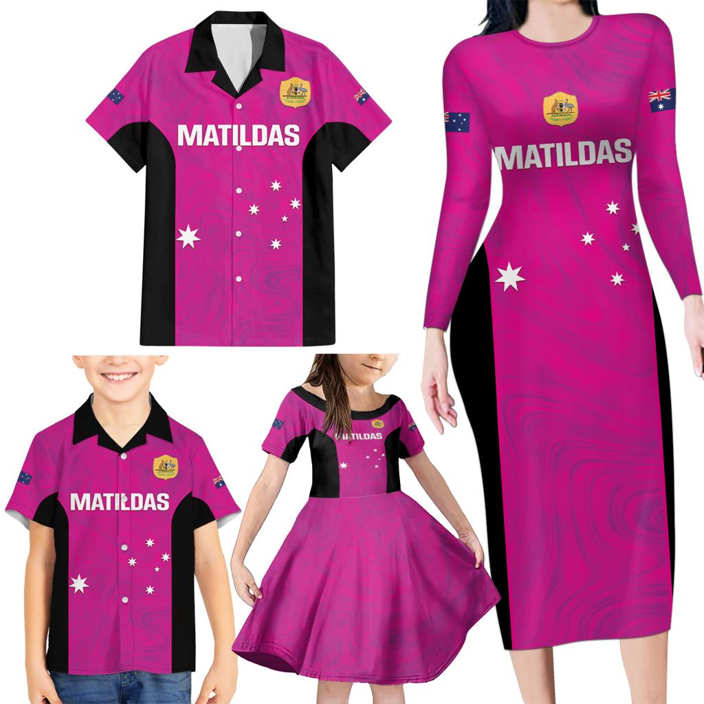 Custom Australia Soccer Family Matching Long Sleeve Bodycon Dress and Hawaiian Shirt Matildas Go Champions - Pink