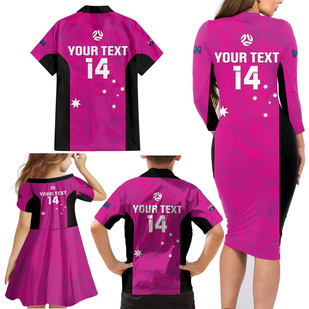 Custom Australia Soccer Family Matching Long Sleeve Bodycon Dress and Hawaiian Shirt Matildas Go Champions - Pink