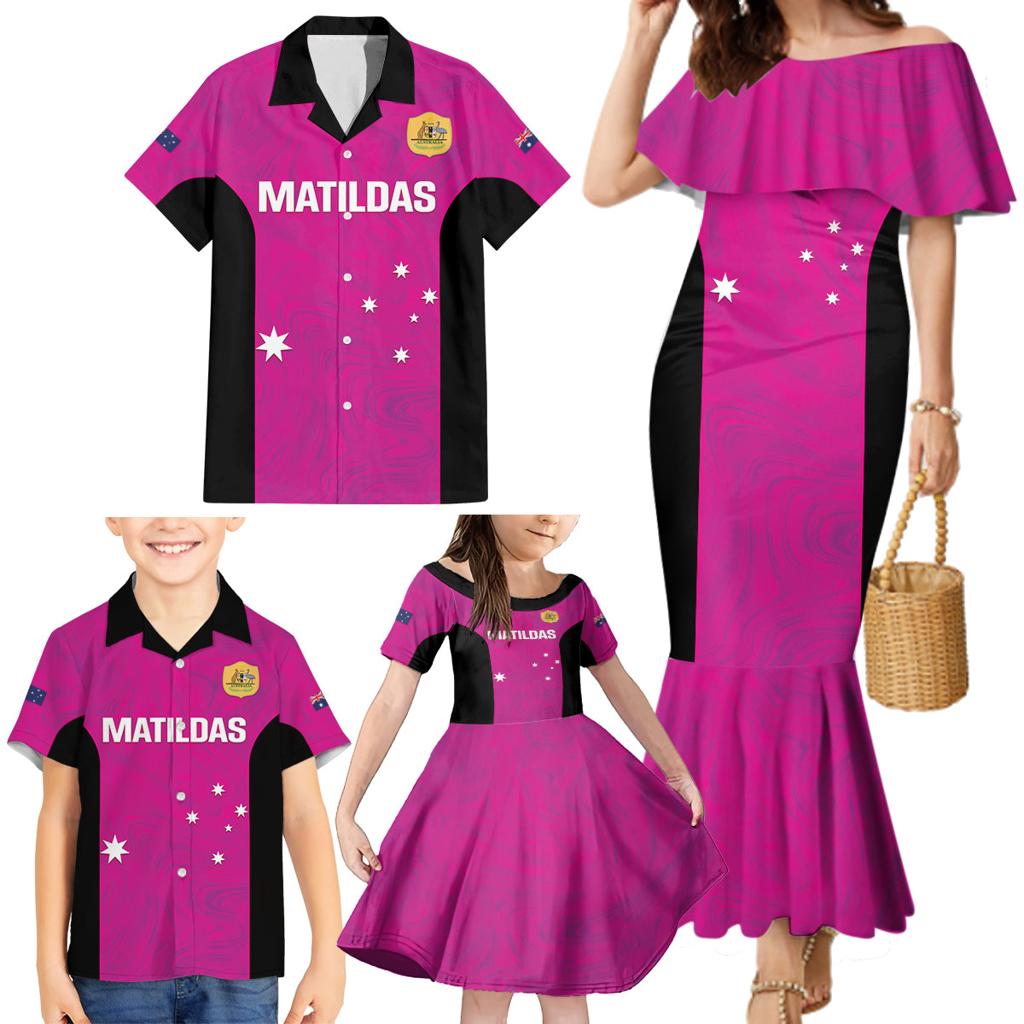 Custom Australia Soccer Family Matching Mermaid Dress and Hawaiian Shirt Matildas Go Champions - Pink