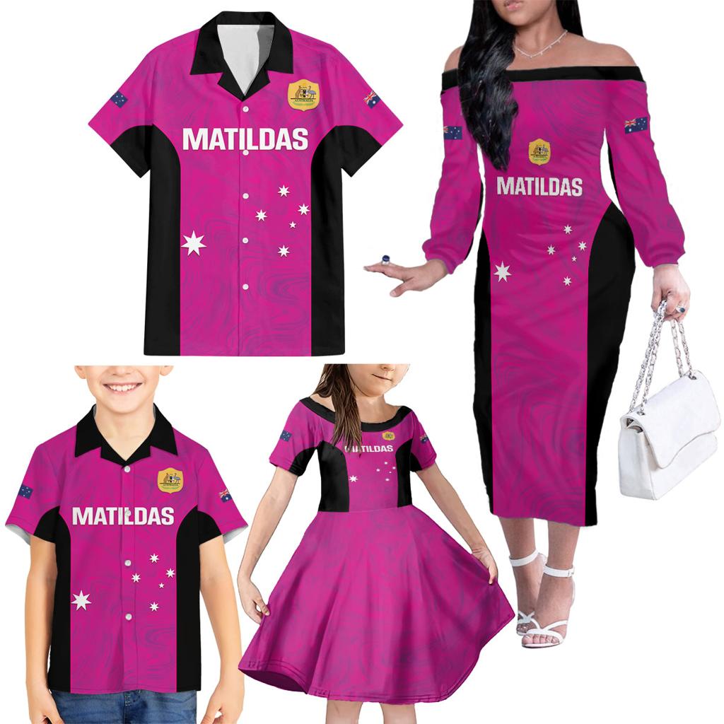 Custom Australia Soccer Family Matching Off The Shoulder Long Sleeve Dress and Hawaiian Shirt Matildas Go Champions - Pink
