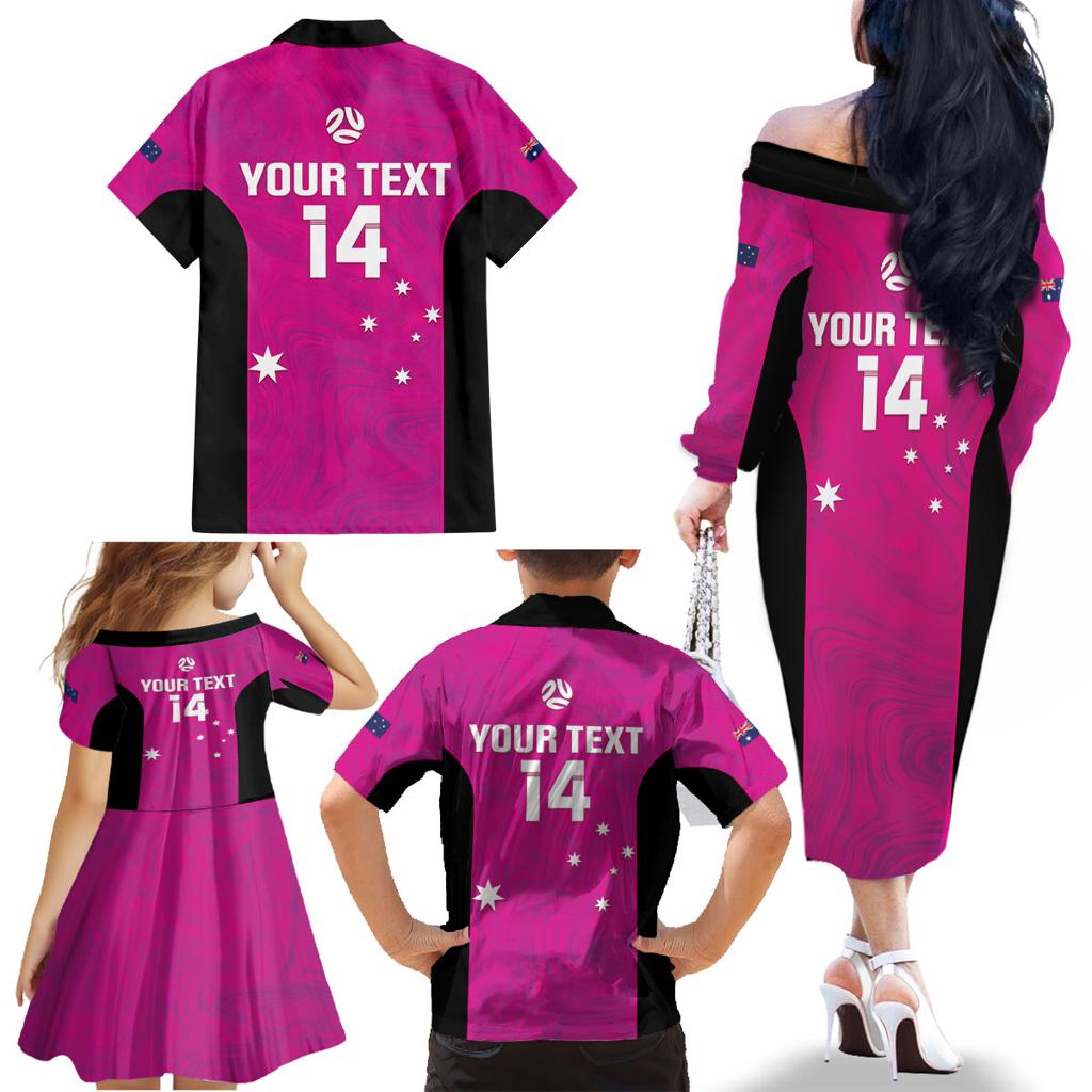 Custom Australia Soccer Family Matching Off The Shoulder Long Sleeve Dress and Hawaiian Shirt Matildas Go Champions - Pink