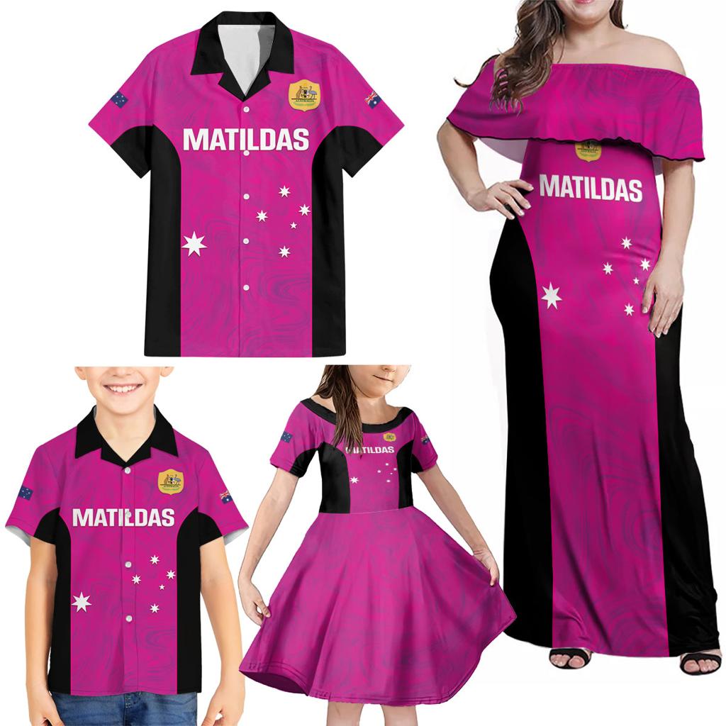 Custom Australia Soccer Family Matching Off Shoulder Maxi Dress and Hawaiian Shirt Matildas Go Champions - Pink