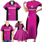 Custom Australia Soccer Family Matching Short Sleeve Bodycon Dress and Hawaiian Shirt Matildas Go Champions - Pink