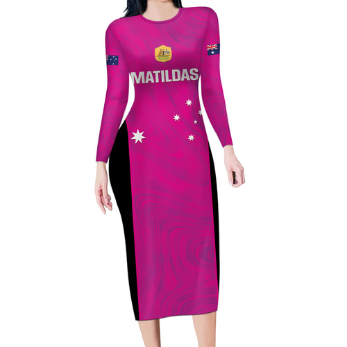 Custom Australia Soccer Long Sleeve Bodycon Dress Matildas Go Champions - Pink