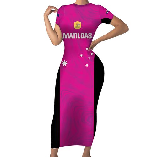 Custom Australia Soccer Short Sleeve Bodycon Dress Matildas Go Champions - Pink