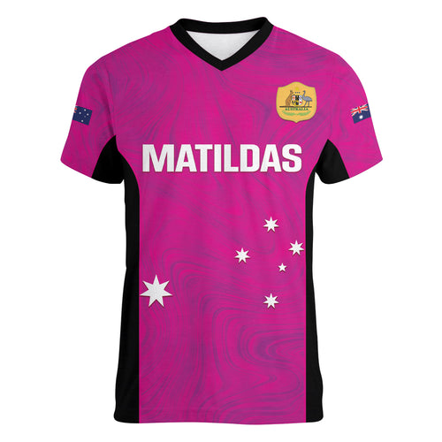 Custom Australia Soccer Women V-Neck T-Shirt Matildas Go Champions - Pink