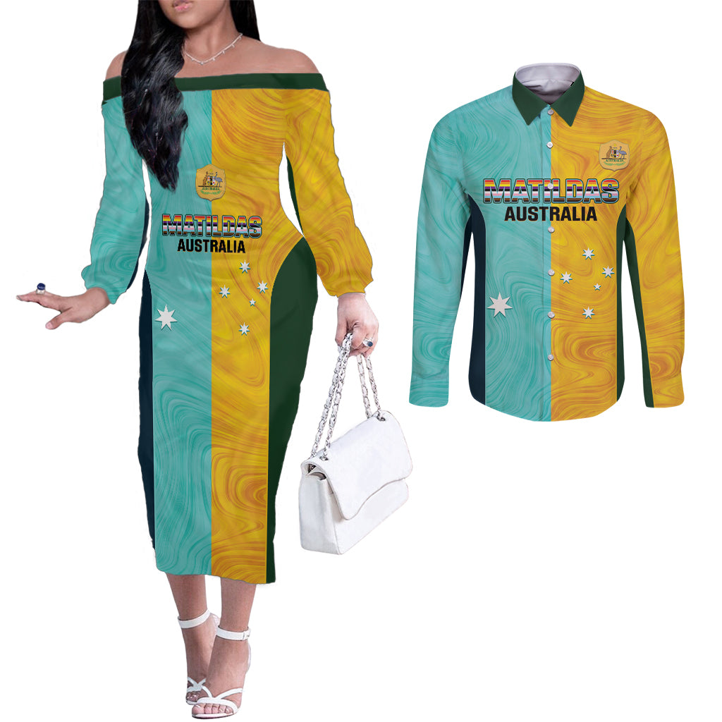 Custom Pride Month Matildas Couples Matching Off The Shoulder Long Sleeve Dress and Long Sleeve Button Shirt Australia Til Its Done Mixed Color
