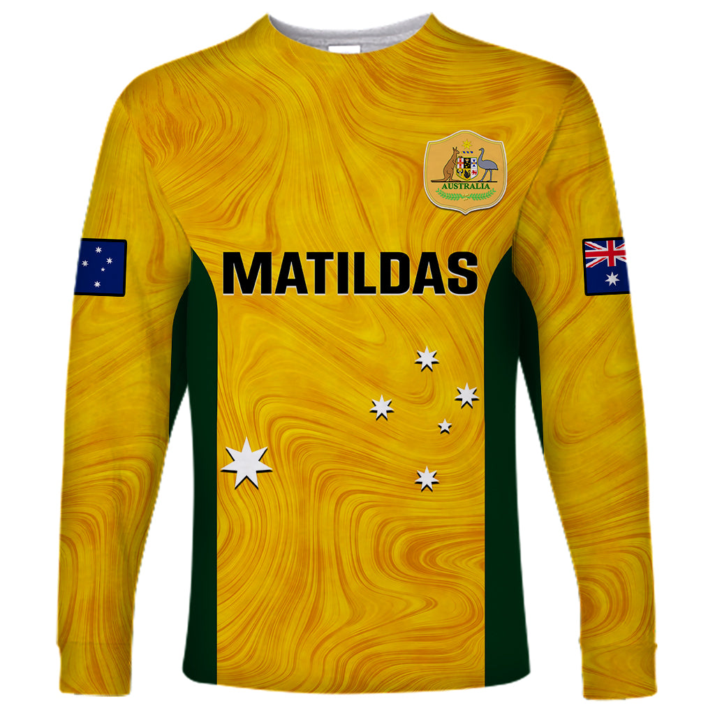 personalised-australia-soccer-long-sleeve-shirt-gold-matildas-world-cup-2023-go-champions