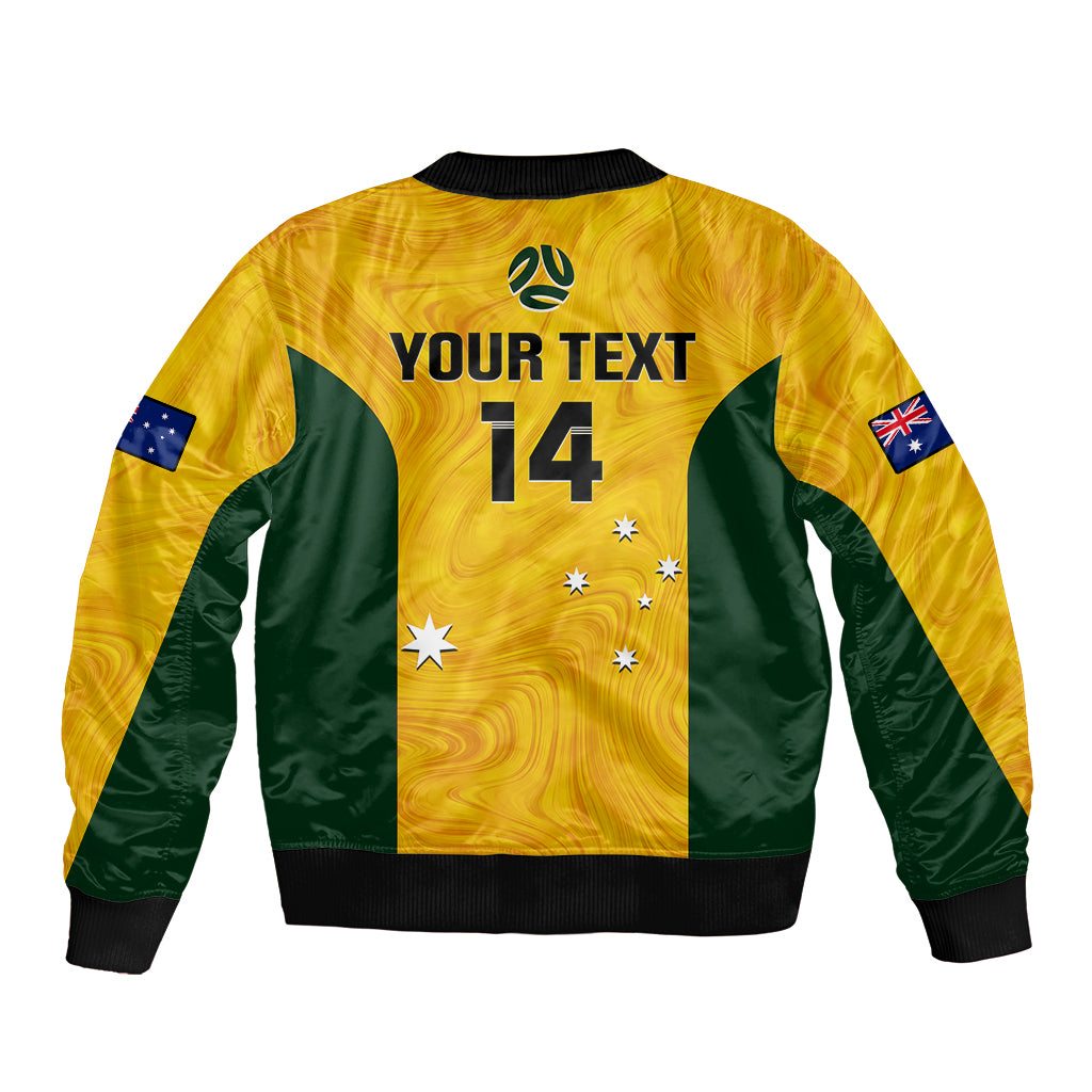 personalised-australia-soccer-sleeve-zip-bomber-jacket-gold-matildas-world-cup-2023-go-champions