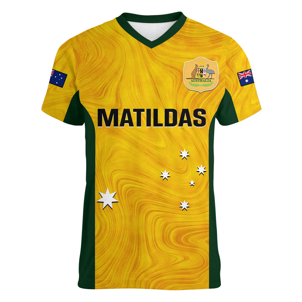 personalised-australia-soccer-women-v-neck-t-shirt-gold-matildas-world-cup-2023-go-champions