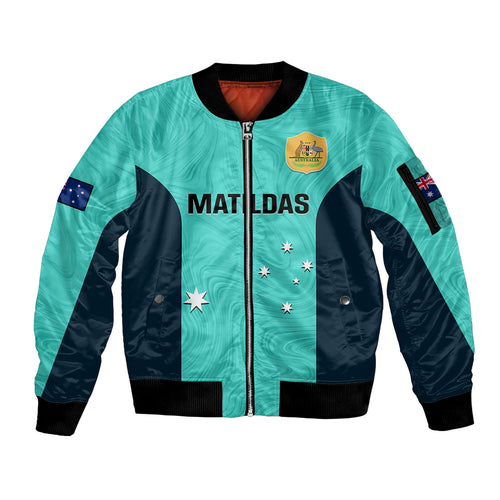 personalised-australia-soccer-sleeve-zip-bomber-jacket-turquoise-matildas-world-cup-2023-go-champions