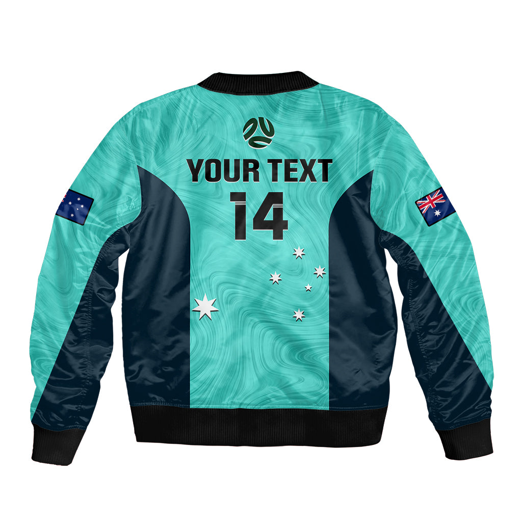 personalised-australia-soccer-sleeve-zip-bomber-jacket-turquoise-matildas-world-cup-2023-go-champions