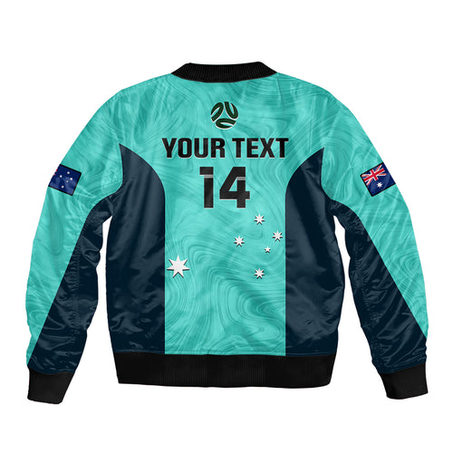 personalised-australia-soccer-sleeve-zip-bomber-jacket-turquoise-matildas-world-cup-2023-go-champions