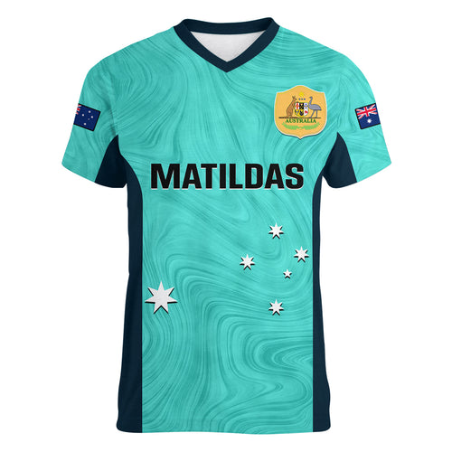 personalised-australia-soccer-women-v-neck-t-shirt-turquoise-matildas-world-cup-2023-go-champions