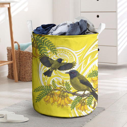 Bellbird New Zealand Laundry Basket Korimako Kowhai Maori Pattern