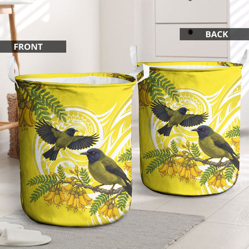 Bellbird New Zealand Laundry Basket Korimako Kowhai Maori Pattern