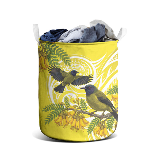 Bellbird New Zealand Laundry Basket Korimako Kowhai Maori Pattern