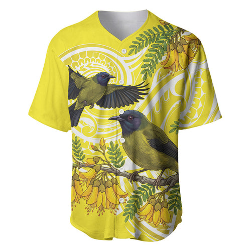 Bellbird New Zealand Baseball Jersey Korimako Kowhai Maori Pattern