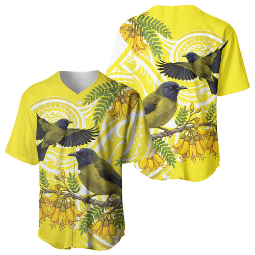 Bellbird New Zealand Baseball Jersey Korimako Kowhai Maori Pattern