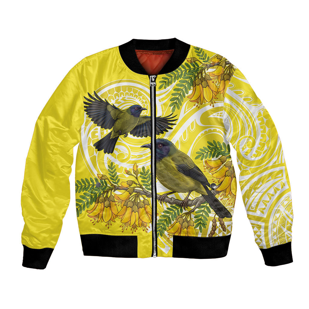 Bellbird New Zealand Bomber Jacket Korimako Kowhai Maori Pattern