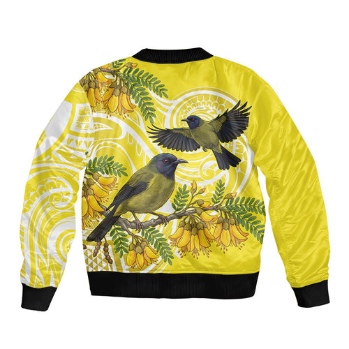 Bellbird New Zealand Bomber Jacket Korimako Kowhai Maori Pattern