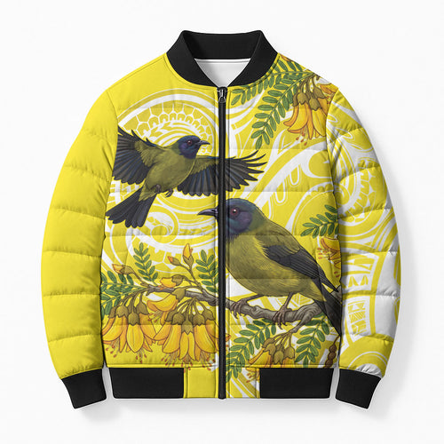 Bellbird New Zealand Bomber Puffer Jacket Korimako Kowhai Maori Pattern