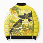Bellbird New Zealand Bomber Puffer Jacket Korimako Kowhai Maori Pattern