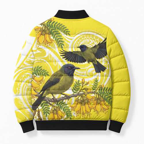 Bellbird New Zealand Bomber Puffer Jacket Korimako Kowhai Maori Pattern