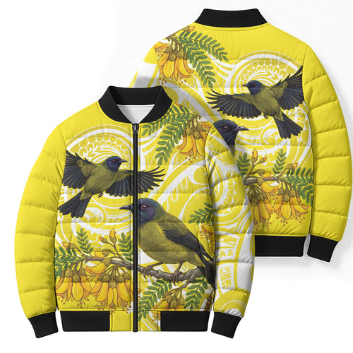 Bellbird New Zealand Bomber Puffer Jacket Korimako Kowhai Maori Pattern