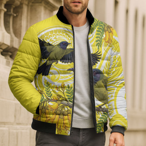 Bellbird New Zealand Bomber Puffer Jacket Korimako Kowhai Maori Pattern
