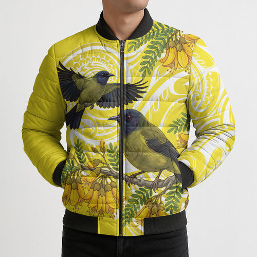 Bellbird New Zealand Bomber Puffer Jacket Korimako Kowhai Maori Pattern