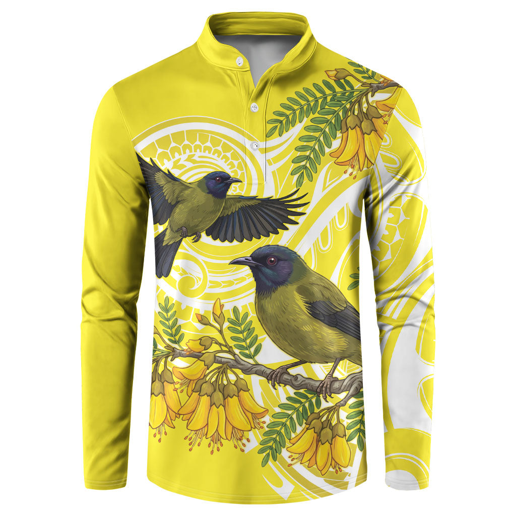 Bellbird New Zealand Button Sweatshirt Korimako Kowhai Maori Pattern