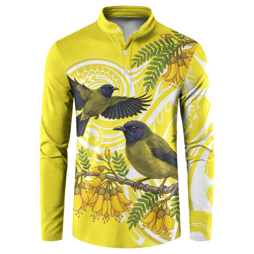 Bellbird New Zealand Button Sweatshirt Korimako Kowhai Maori Pattern