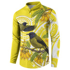 Bellbird New Zealand Button Sweatshirt Korimako Kowhai Maori Pattern
