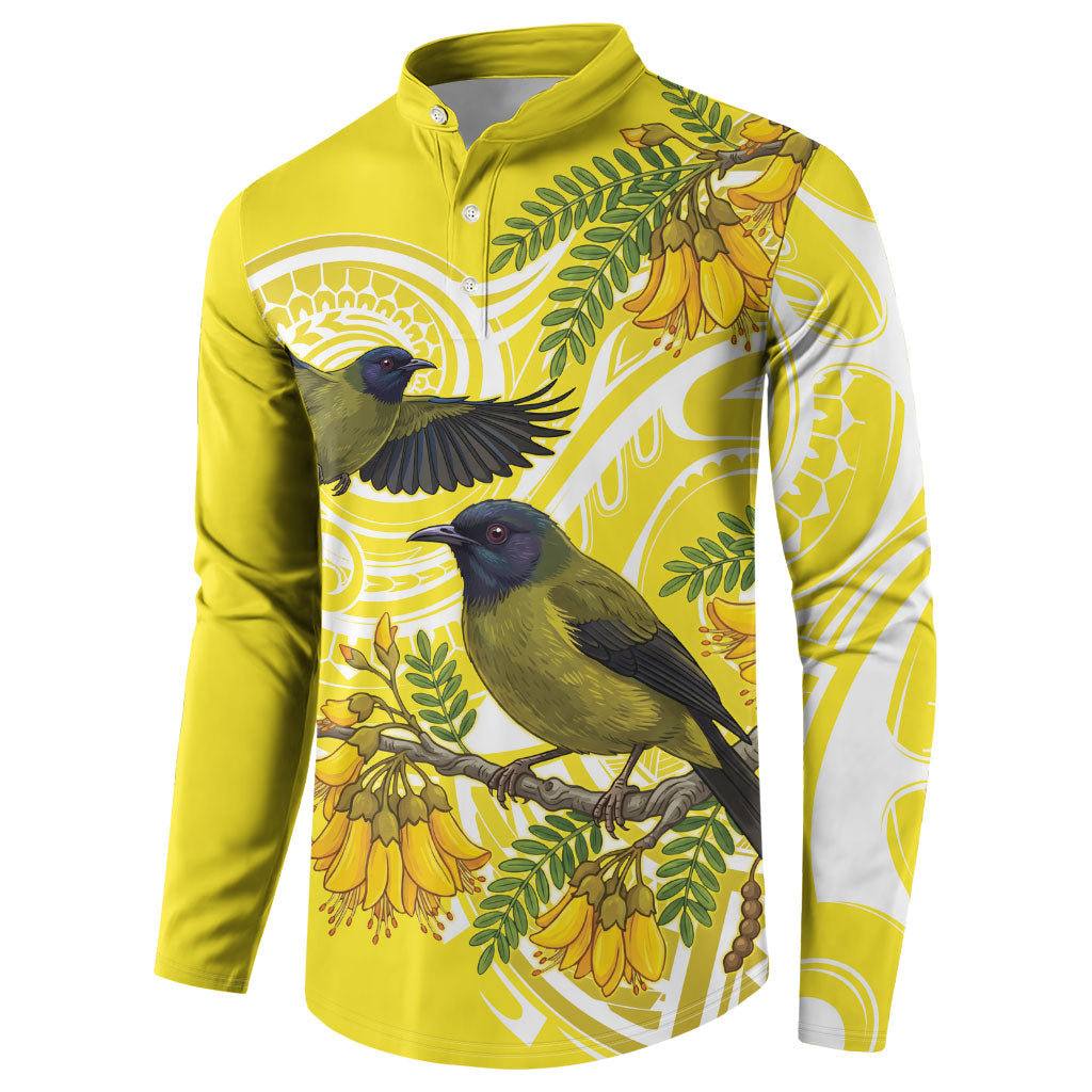 Bellbird New Zealand Button Sweatshirt Korimako Kowhai Maori Pattern