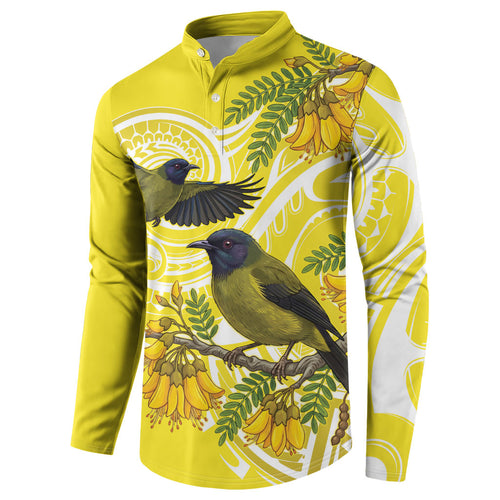 Bellbird New Zealand Button Sweatshirt Korimako Kowhai Maori Pattern