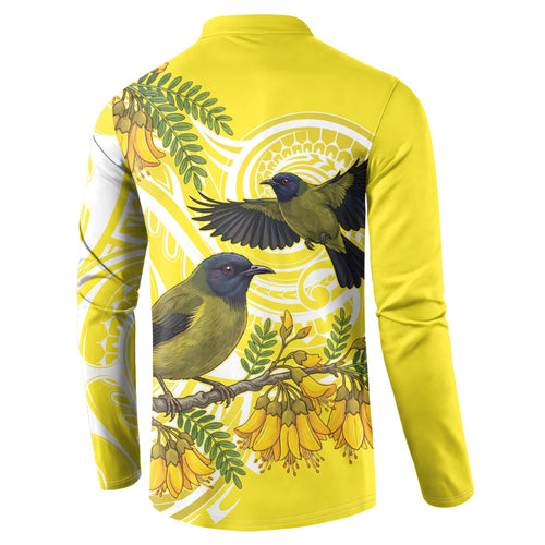 Bellbird New Zealand Button Sweatshirt Korimako Kowhai Maori Pattern