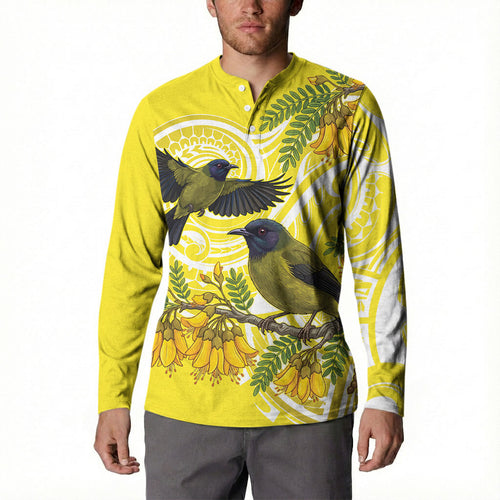 Bellbird New Zealand Button Sweatshirt Korimako Kowhai Maori Pattern
