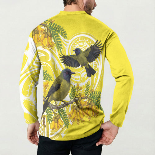 Bellbird New Zealand Button Sweatshirt Korimako Kowhai Maori Pattern